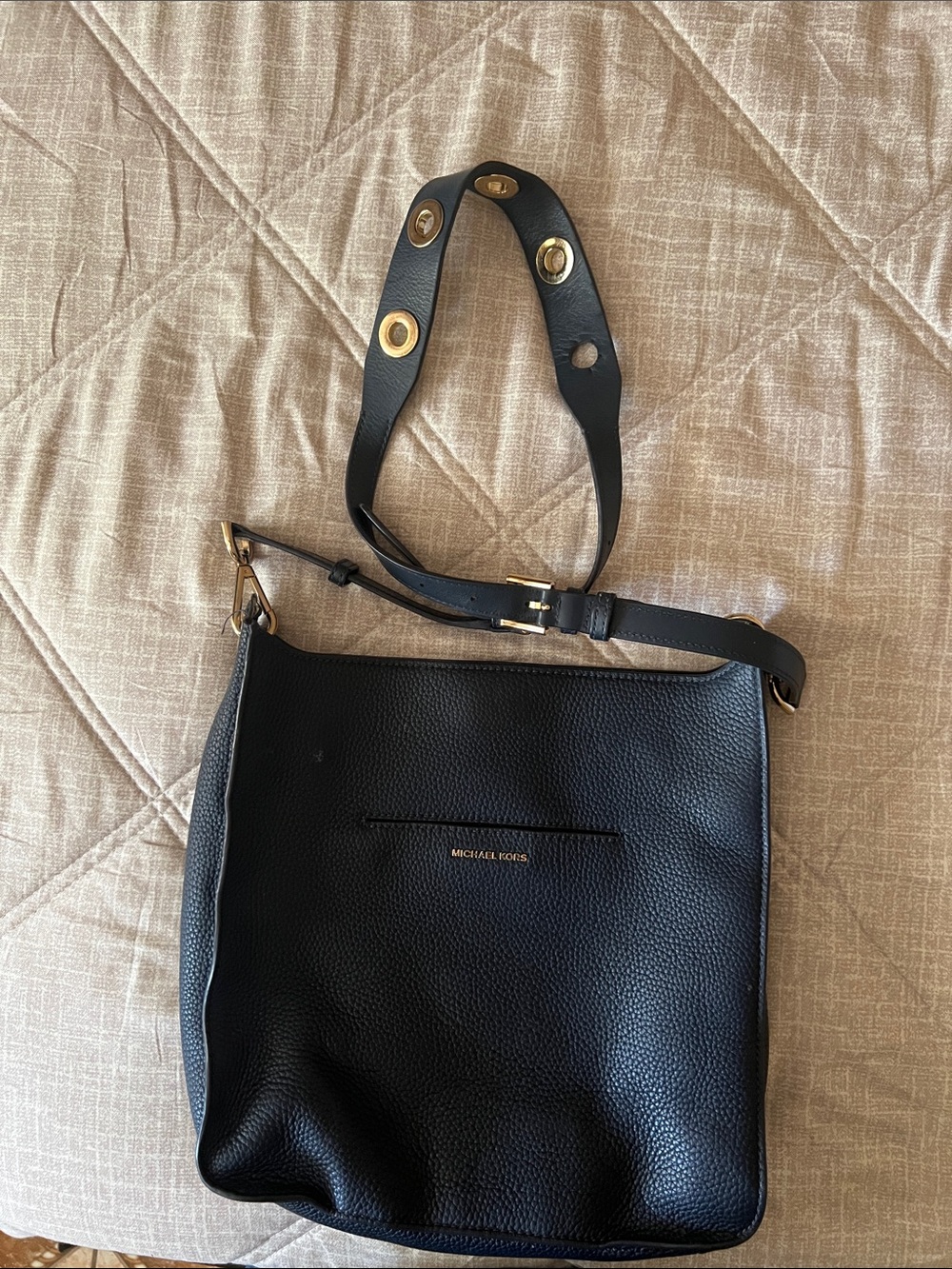 Michael Kors Black Pebbled Leather Grommet Shoulder Bag